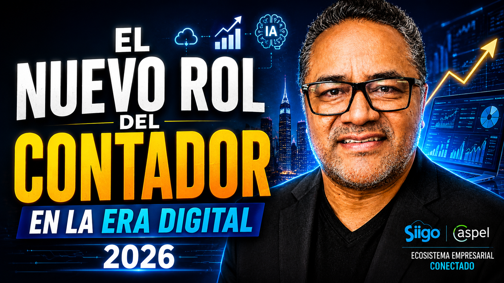 Hombre de negocios con fondo tecnológico y gráficos digitales ascendentes que representan transformación digital, automatización, crecimiento empresarial y evolución del contador en la era digital.