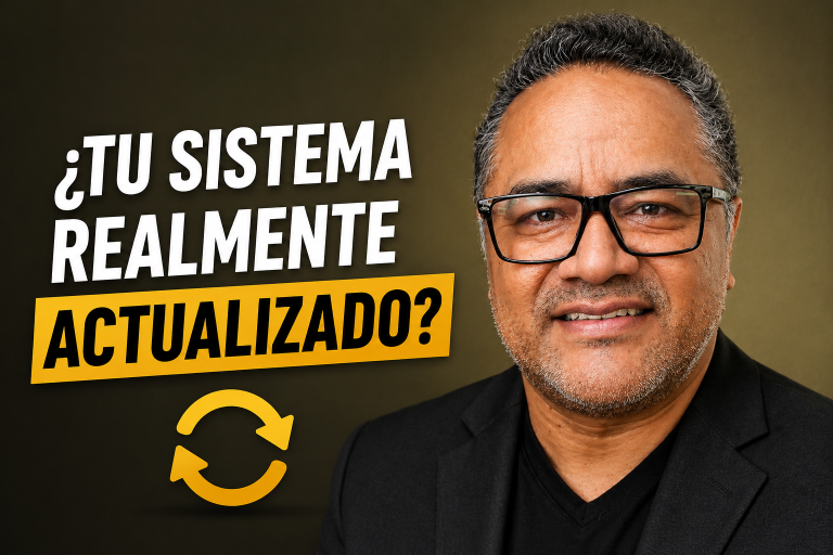 Imagen destacada sobre actualización de sistemas contables, mostrando a un consultor profesional junto a un símbolo de actualización para representar la importancia de verificar reinstalables y mantener el sistema actualizado.