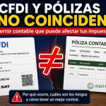 Infografía sobre diferencias entre CFDI y pólizas contables. Se muestra un CFDI a la izquierda y una póliza contable a la derecha separados por el símbolo "≠", con el mensaje principal "CFDI y Pólizas No Coinciden". La imagen aborda los riesgos de inconsistencias entre la información fiscal y contable que pueden afectar los impuestos y el control financiero de una empresa.