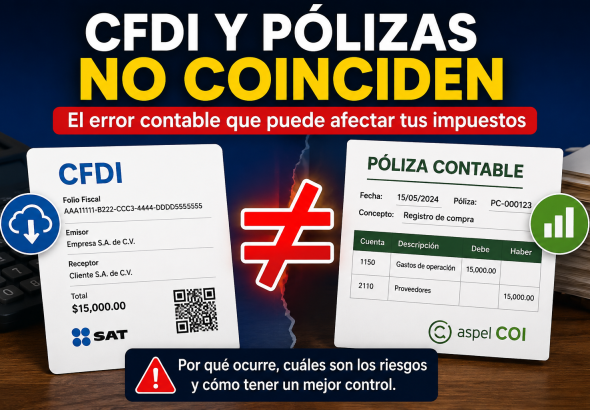 Infografía sobre diferencias entre CFDI y pólizas contables. Se muestra un CFDI a la izquierda y una póliza contable a la derecha separados por el símbolo "≠", con el mensaje principal "CFDI y Pólizas No Coinciden". La imagen aborda los riesgos de inconsistencias entre la información fiscal y contable que pueden afectar los impuestos y el control financiero de una empresa.