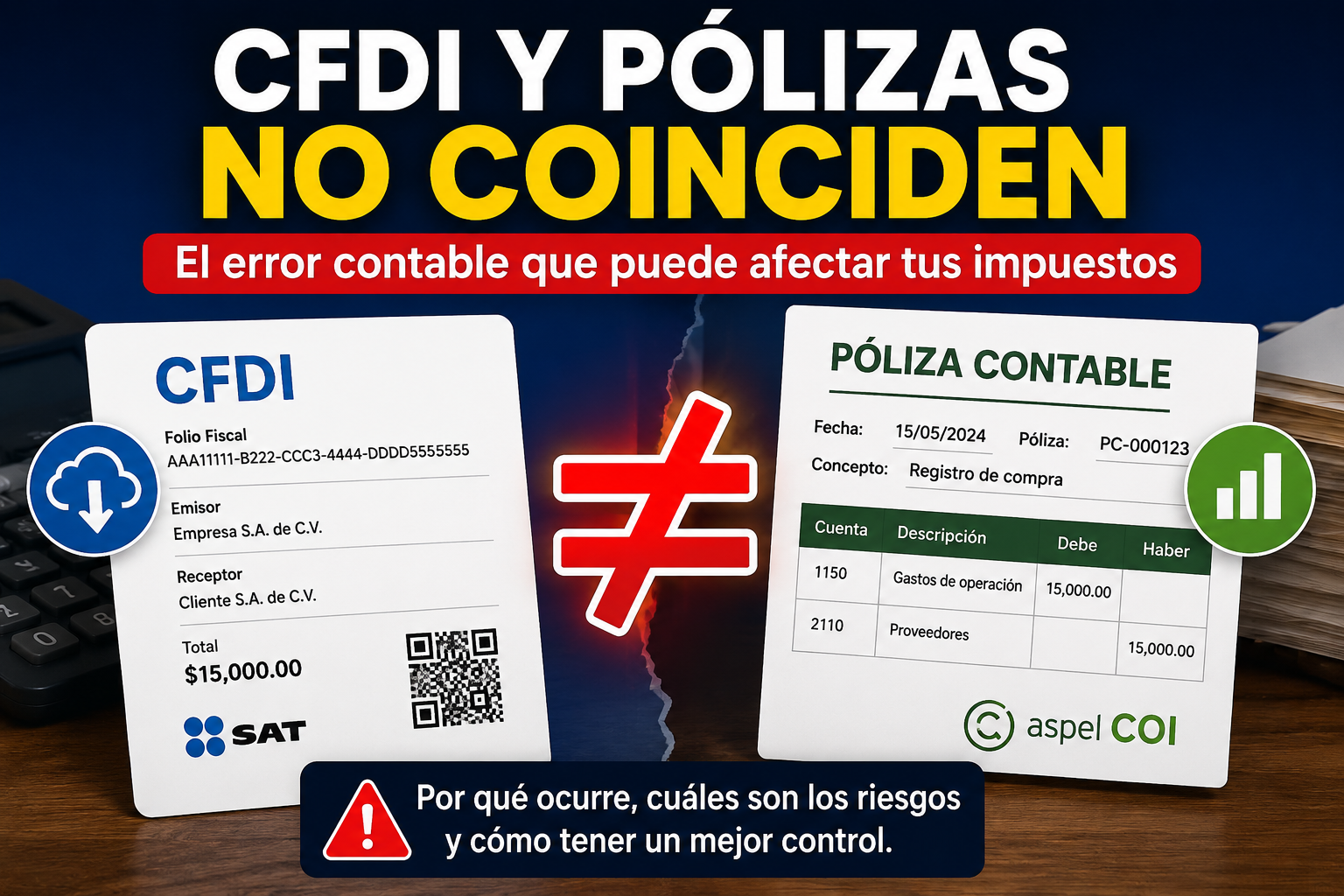 Infografía sobre diferencias entre CFDI y pólizas contables. Se muestra un CFDI a la izquierda y una póliza contable a la derecha separados por el símbolo "≠", con el mensaje principal "CFDI y Pólizas No Coinciden". La imagen aborda los riesgos de inconsistencias entre la información fiscal y contable que pueden afectar los impuestos y el control financiero de una empresa.
