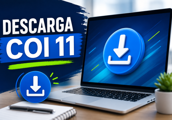 Imagen destacada para artículo sobre la descarga de Aspel COI 11. La composición muestra una laptop moderna con un ícono de descarga de gran tamaño en pantalla, acompañada por un mensaje breve y de alto impacto que comunica la acción principal. El diseño utiliza tonos azules con acentos verdes, mantiene un estilo limpio y profesional, y está optimizado para atraer clics en WordPress y motores de búsqueda sin saturar la imagen con texto o elementos visuales innecesarios.