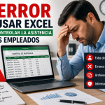 Empresario preocupado revisando una hoja de cálculo de Excel utilizada para el control de asistencia de empleados. La imagen muestra errores potenciales relacionados con la gestión manual de horarios, incluyendo falta de trazabilidad, errores de captura, archivos duplicados e información poco confiable. El diseño destaca los riesgos de utilizar Excel para administrar entradas, salidas y horas extras del personal.