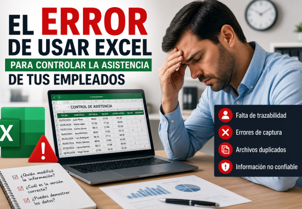 Empresario preocupado revisando una hoja de cálculo de Excel utilizada para el control de asistencia de empleados. La imagen muestra errores potenciales relacionados con la gestión manual de horarios, incluyendo falta de trazabilidad, errores de captura, archivos duplicados e información poco confiable. El diseño destaca los riesgos de utilizar Excel para administrar entradas, salidas y horas extras del personal.