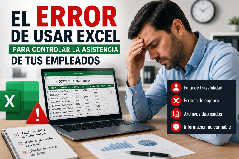 Empresario preocupado revisando una hoja de cálculo de Excel utilizada para el control de asistencia de empleados. La imagen muestra errores potenciales relacionados con la gestión manual de horarios, incluyendo falta de trazabilidad, errores de captura, archivos duplicados e información poco confiable. El diseño destaca los riesgos de utilizar Excel para administrar entradas, salidas y horas extras del personal.