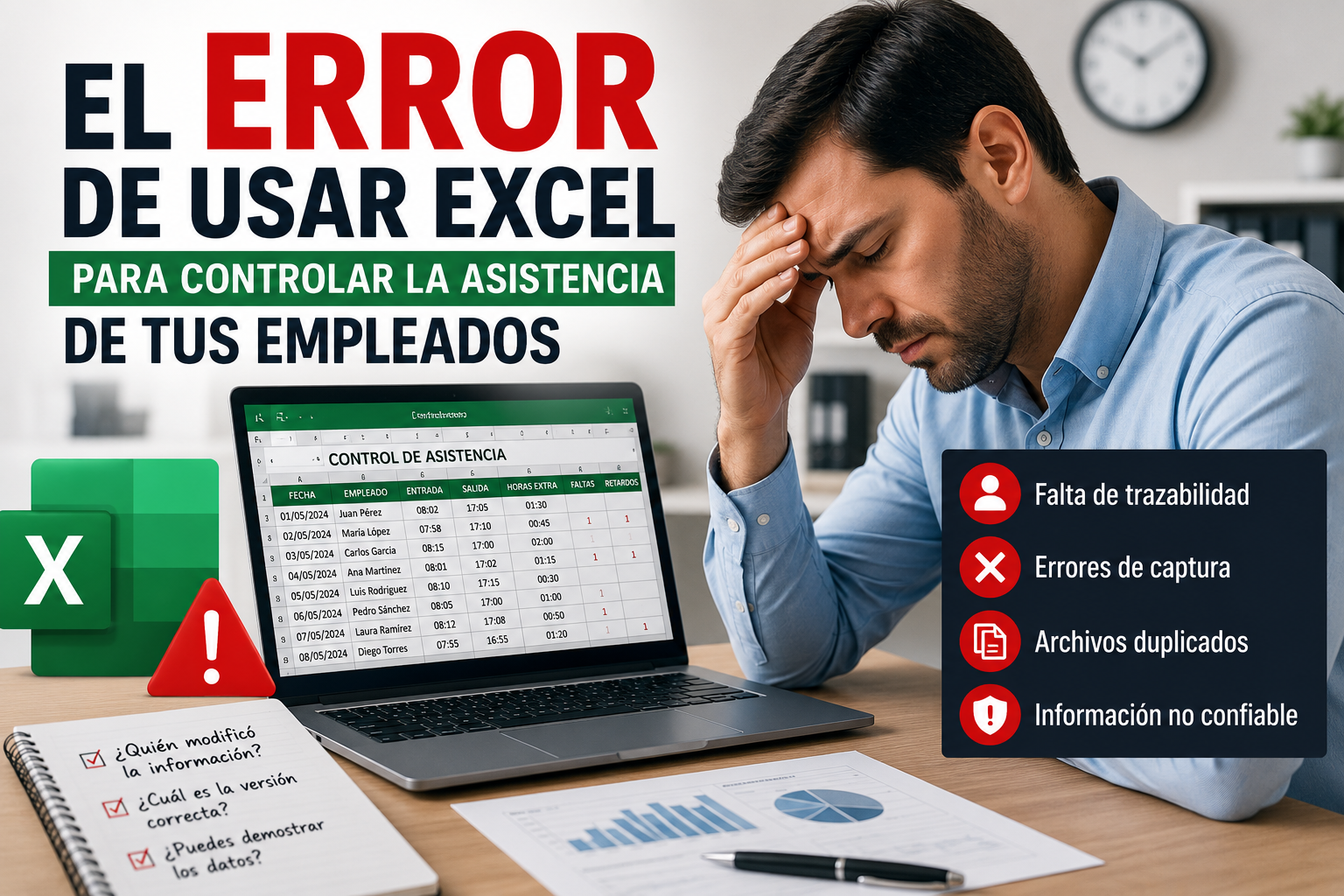 Empresario preocupado revisando una hoja de cálculo de Excel utilizada para el control de asistencia de empleados. La imagen muestra errores potenciales relacionados con la gestión manual de horarios, incluyendo falta de trazabilidad, errores de captura, archivos duplicados e información poco confiable. El diseño destaca los riesgos de utilizar Excel para administrar entradas, salidas y horas extras del personal.