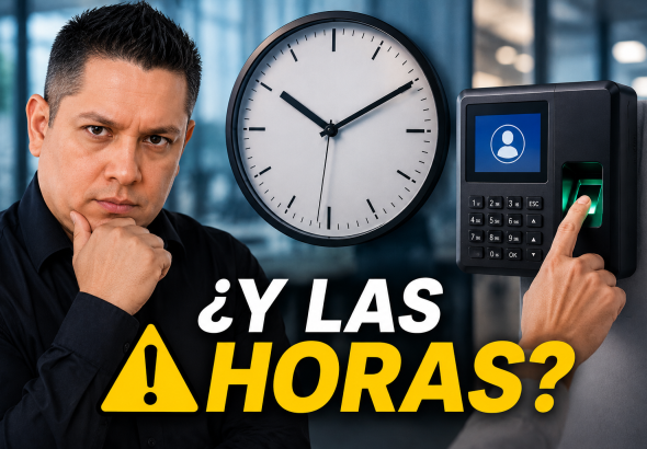 Empresario analizando el impacto del control de asistencia ante la Jornada Laboral de 40 horas en México, acompañado de un reloj y un lector biométrico para el registro de entradas y salidas de empleados. El texto destaca la pregunta: “¿Y las horas?”