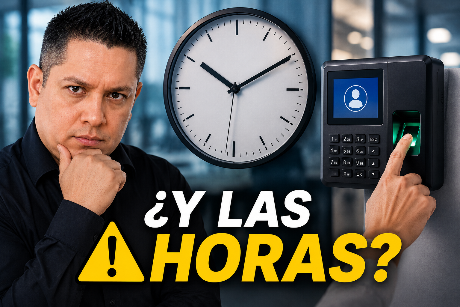 Empresario analizando el impacto del control de asistencia ante la Jornada Laboral de 40 horas en México, acompañado de un reloj y un lector biométrico para el registro de entradas y salidas de empleados. El texto destaca la pregunta: “¿Y las horas?”