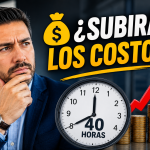Empresario analizando el impacto de la jornada laboral de 40 horas en México, acompañado de un reloj, una gráfica de crecimiento y monedas que representan el posible aumento de costos laborales y horas extras para las empresas.