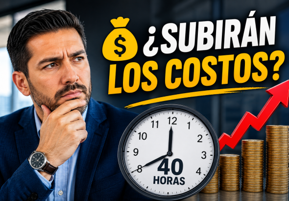 Empresario analizando el impacto de la jornada laboral de 40 horas en México, acompañado de un reloj, una gráfica de crecimiento y monedas que representan el posible aumento de costos laborales y horas extras para las empresas.