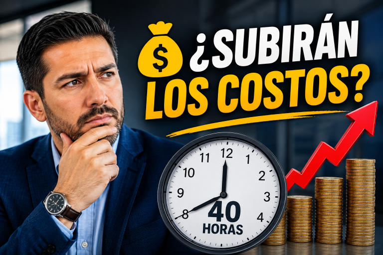 Empresario analizando el impacto de la jornada laboral de 40 horas en México, acompañado de un reloj, una gráfica de crecimiento y monedas que representan el posible aumento de costos laborales y horas extras para las empresas.