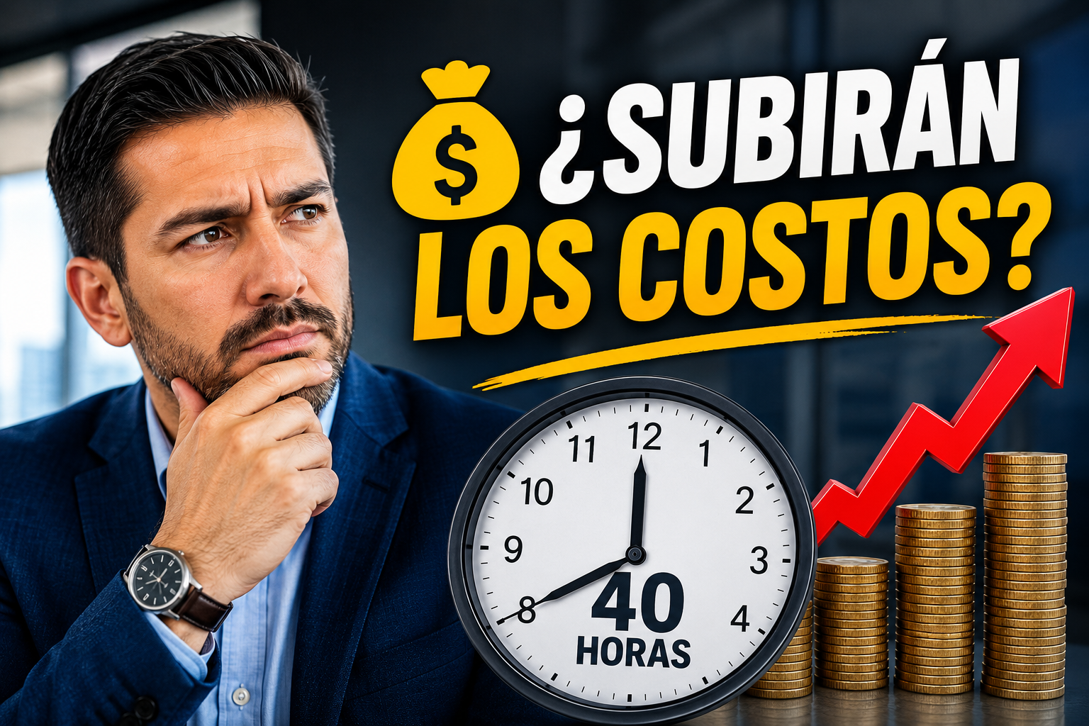 Empresario analizando el impacto de la jornada laboral de 40 horas en México, acompañado de un reloj, una gráfica de crecimiento y monedas que representan el posible aumento de costos laborales y horas extras para las empresas.