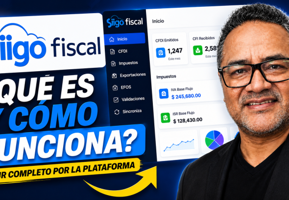 Miniatura de YouTube sobre Siigo Fiscal con el texto "¿Qué es y cómo funciona?", mostrando la interfaz principal de la plataforma con módulos como CFDI, Impuestos, Exportaciones, EFOS, Validaciones y Sincroniza. A la derecha aparece Jorge Abel García y al fondo se observa el panel de control de Siigo Fiscal. Ideal para un curso introductorio sobre el uso de la plataforma fiscal.