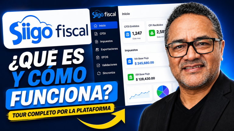 Miniatura de YouTube sobre Siigo Fiscal con el texto "¿Qué es y cómo funciona?", mostrando la interfaz principal de la plataforma con módulos como CFDI, Impuestos, Exportaciones, EFOS, Validaciones y Sincroniza. A la derecha aparece Jorge Abel García y al fondo se observa el panel de control de Siigo Fiscal. Ideal para un curso introductorio sobre el uso de la plataforma fiscal.