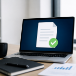 Espacio de trabajo moderno con una laptop mostrando un documento validado, una taza de café, una libreta y reportes financieros, representando la validación preventiva de información fiscal antes de detectar diferencias con el SAT.
