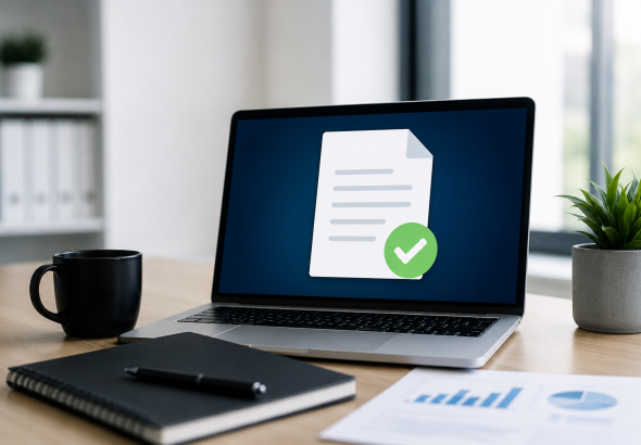 Espacio de trabajo moderno con una laptop mostrando un documento validado, una taza de café, una libreta y reportes financieros, representando la validación preventiva de información fiscal antes de detectar diferencias con el SAT.