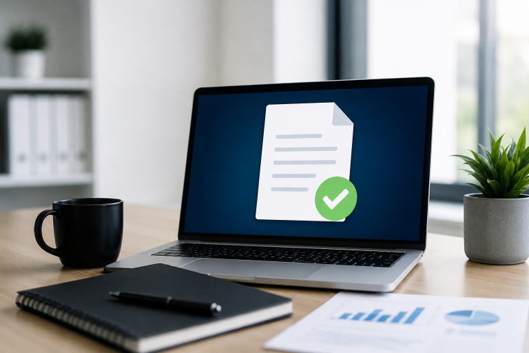 Espacio de trabajo moderno con una laptop mostrando un documento validado, una taza de café, una libreta y reportes financieros, representando la validación preventiva de información fiscal antes de detectar diferencias con el SAT.