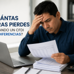 Contador revisando documentos y CFDI frente a una laptop mientras investiga diferencias con el SAT, representando el tiempo que consumen las revisiones manuales y la importancia de una validación preventiva de la información fiscal.