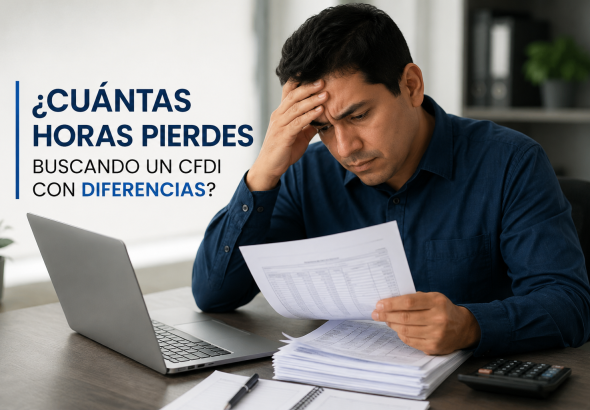 Contador revisando documentos y CFDI frente a una laptop mientras investiga diferencias con el SAT, representando el tiempo que consumen las revisiones manuales y la importancia de una validación preventiva de la información fiscal.