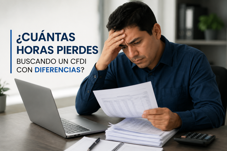 Contador revisando documentos y CFDI frente a una laptop mientras investiga diferencias con el SAT, representando el tiempo que consumen las revisiones manuales y la importancia de una validación preventiva de la información fiscal.