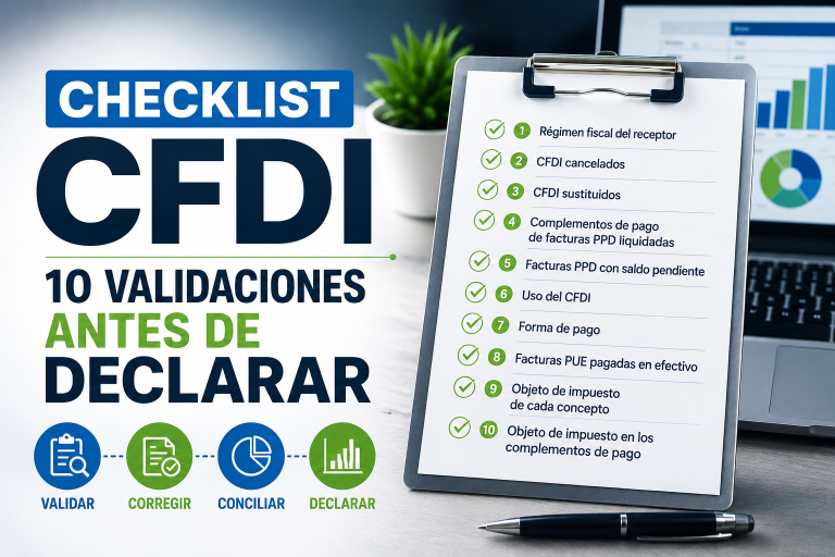 Checklist CFDI con 10 validaciones que todo contador debe revisar antes de presentar una declaración de impuestos.