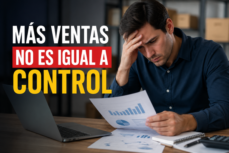 Empresario revisando reportes financieros con expresión de preocupación mientras analiza el control administrativo de su negocio, representando la importancia de una buena administración empresarial para mejorar las ventas, el flujo de efectivo y la gestión de inventarios.