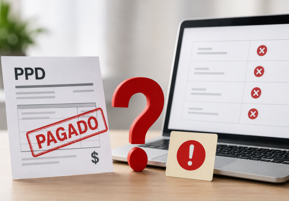 Factura PPD marcada como pagada con una alerta que representa la falta del complemento de pago y la necesidad de revisar los CFDI.