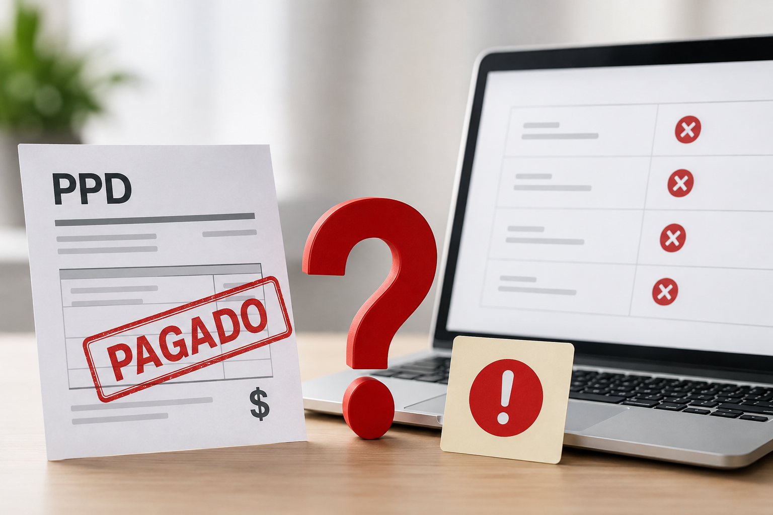 Factura PPD marcada como pagada con una alerta que representa la falta del complemento de pago y la necesidad de revisar los CFDI.