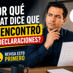 Miniatura con el título "¿Por qué el SAT dice que no encontró tus declaraciones?". A la derecha aparece un profesionista con expresión de duda, sosteniendo un documento y un bolígrafo mientras analiza la información. En la parte inferior se destaca el mensaje "Revisa esto primero" junto a un ícono de lupa. El diseño utiliza colores azul, amarillo, rojo y blanco para transmitir la importancia de verificar la información antes de tomar cualquier decisión.