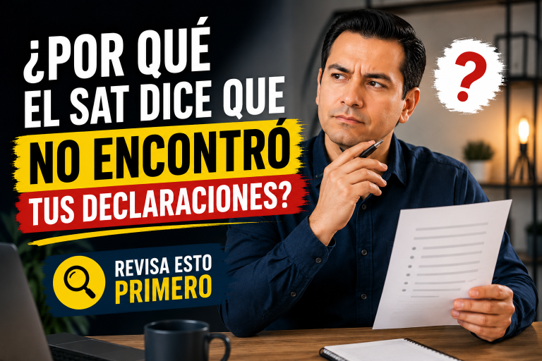 Miniatura con el título "¿Por qué el SAT dice que no encontró tus declaraciones?". A la derecha aparece un profesionista con expresión de duda, sosteniendo un documento y un bolígrafo mientras analiza la información. En la parte inferior se destaca el mensaje "Revisa esto primero" junto a un ícono de lupa. El diseño utiliza colores azul, amarillo, rojo y blanco para transmitir la importancia de verificar la información antes de tomar cualquier decisión.