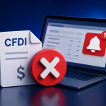 CFDI cancelado con alerta digital en una computadora, representando la importancia de detectar cambios en el estatus de las facturas a tiempo.