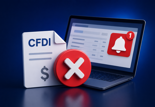CFDI cancelado con alerta digital en una computadora, representando la importancia de detectar cambios en el estatus de las facturas a tiempo.