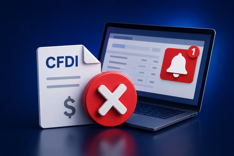 CFDI cancelado con alerta digital en una computadora, representando la importancia de detectar cambios en el estatus de las facturas a tiempo.