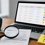 Laptop con registros de CFDI, alertas de revisión y una lupa sobre una factura, representando el análisis para detectar comprobantes y posibles diferencias fiscales.