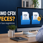 Contador revisando en una computadora dos copias del mismo CFDI en carpetas diferentes para evitar registros duplicados.