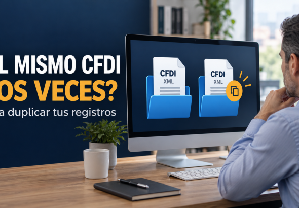 Contador revisando en una computadora dos copias del mismo CFDI en carpetas diferentes para evitar registros duplicados.
