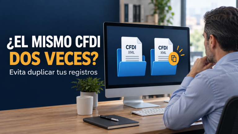 Contador revisando en una computadora dos copias del mismo CFDI en carpetas diferentes para evitar registros duplicados.