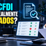 Contador revisando CFDI en una computadora para detectar diferencias antes de presentar una declaración.