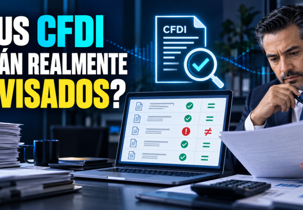 Contador revisando CFDI en una computadora para detectar diferencias antes de presentar una declaración.