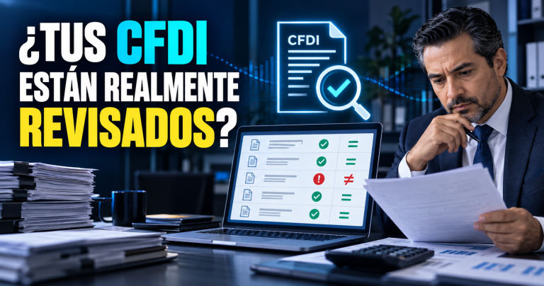 Contador revisando CFDI en una computadora para detectar diferencias antes de presentar una declaración.