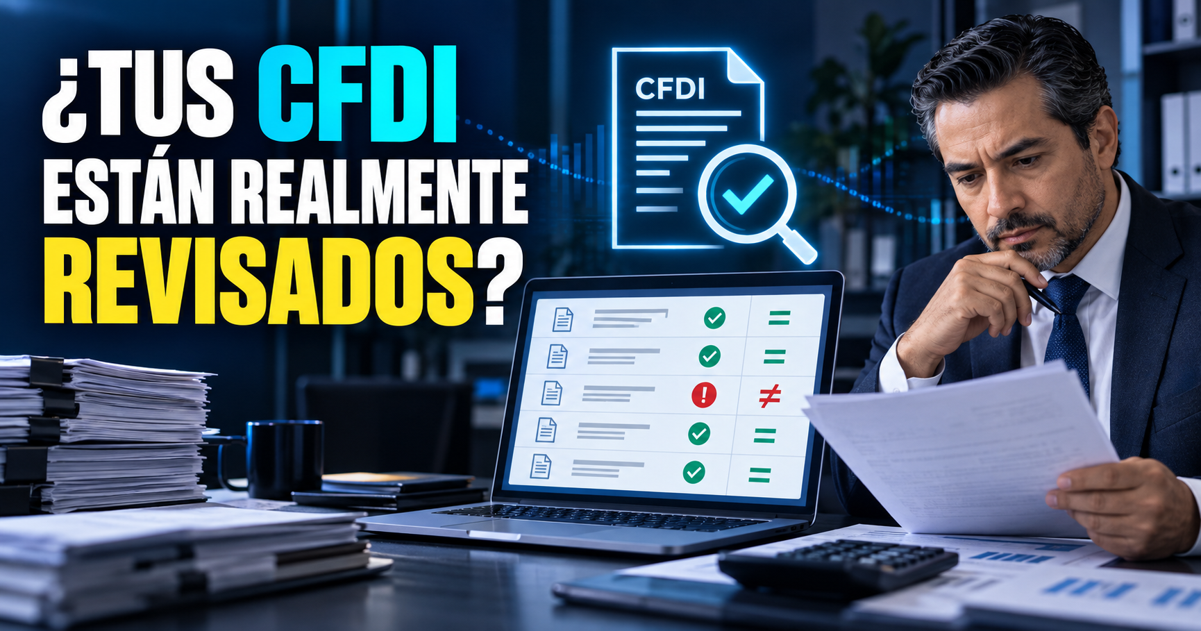 Contador revisando CFDI en una computadora para detectar diferencias antes de presentar una declaración.