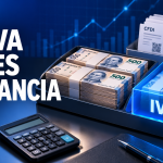 Dinero de un negocio separado en dos compartimentos, uno reservado para el IVA, junto a comprobantes CFDI y una calculadora.