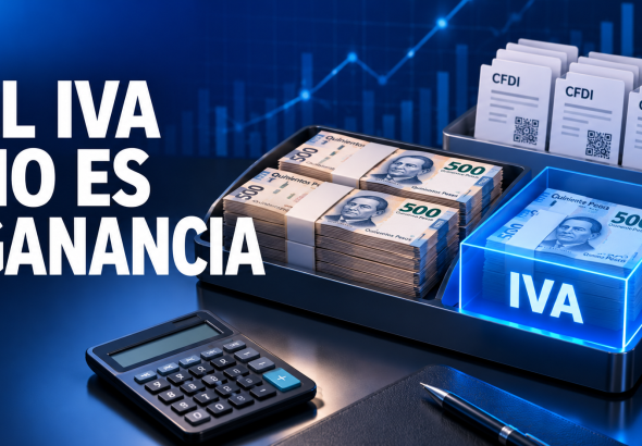 Dinero de un negocio separado en dos compartimentos, uno reservado para el IVA, junto a comprobantes CFDI y una calculadora.
