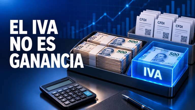 Dinero de un negocio separado en dos compartimentos, uno reservado para el IVA, junto a comprobantes CFDI y una calculadora.