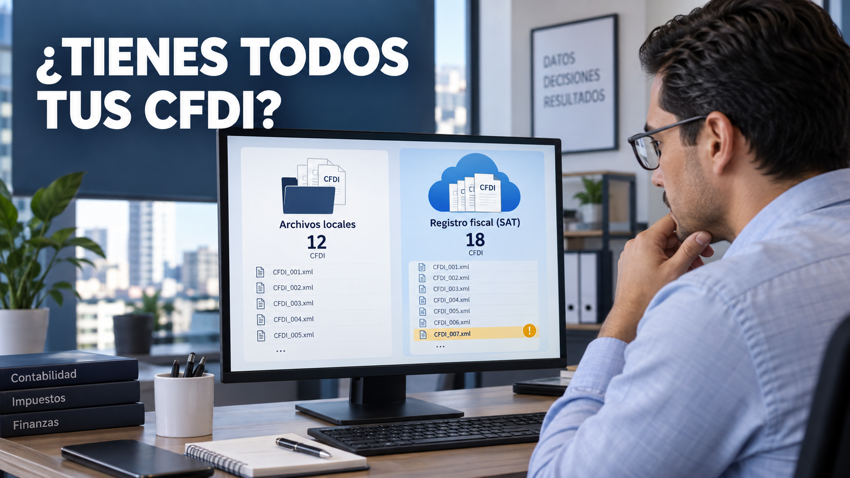 Contador comparando los CFDI guardados en sus archivos locales con los registros del SAT para detectar comprobantes no considerados.