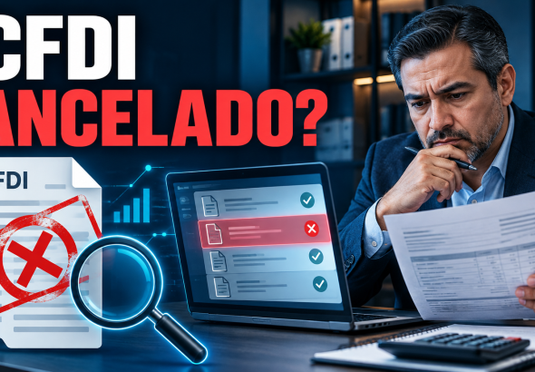 Contador verificando en una computadora el estatus de un CFDI cancelado antes de utilizarlo en la contabilidad.
