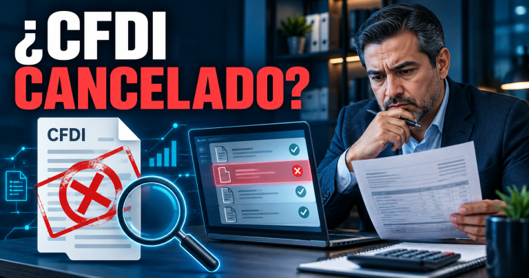 Contador verificando en una computadora el estatus de un CFDI cancelado antes de utilizarlo en la contabilidad.