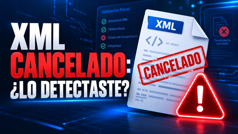 Imagen de un archivo XML marcado como cancelado, acompañada del texto “XML cancelado: ¿lo detectaste?”, relacionada con la validación de CFDI cancelados.