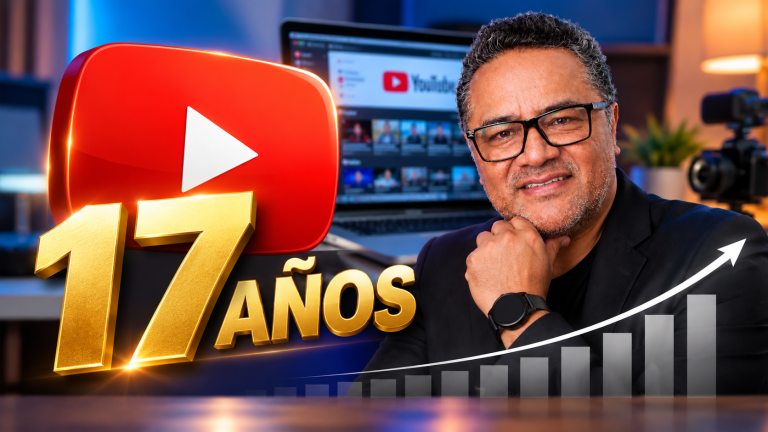 Jorge Abel García celebrando 17 años creando contenido en YouTube, junto al logotipo de YouTube y una gráfica de crecimiento.